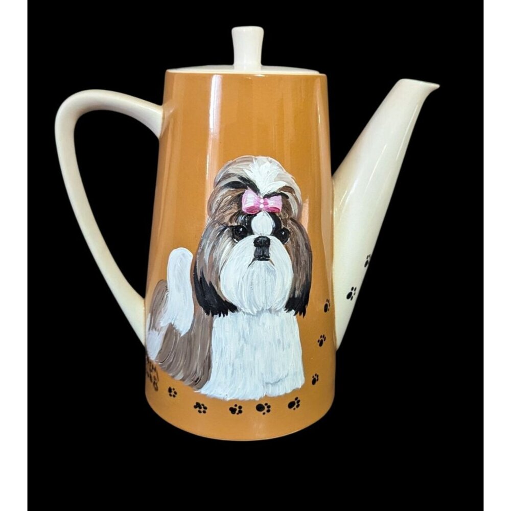 Vtg Harmony House Coffee Pot Hand Painted Shih Tzu Dog Signed Artist‎ Upcycled